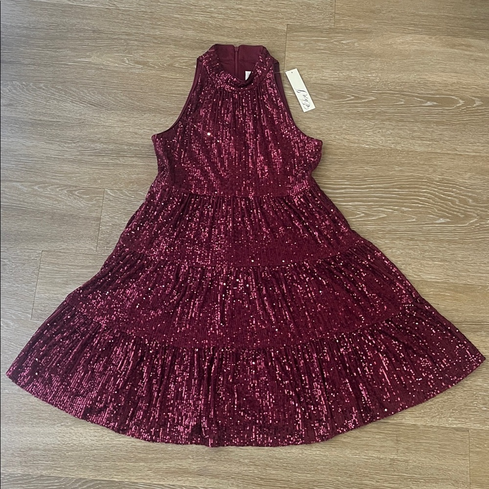 Eliza J Sequin Wine Halter Tiered Mock Neck Mini Dress size 4 - Picture 5 of 12